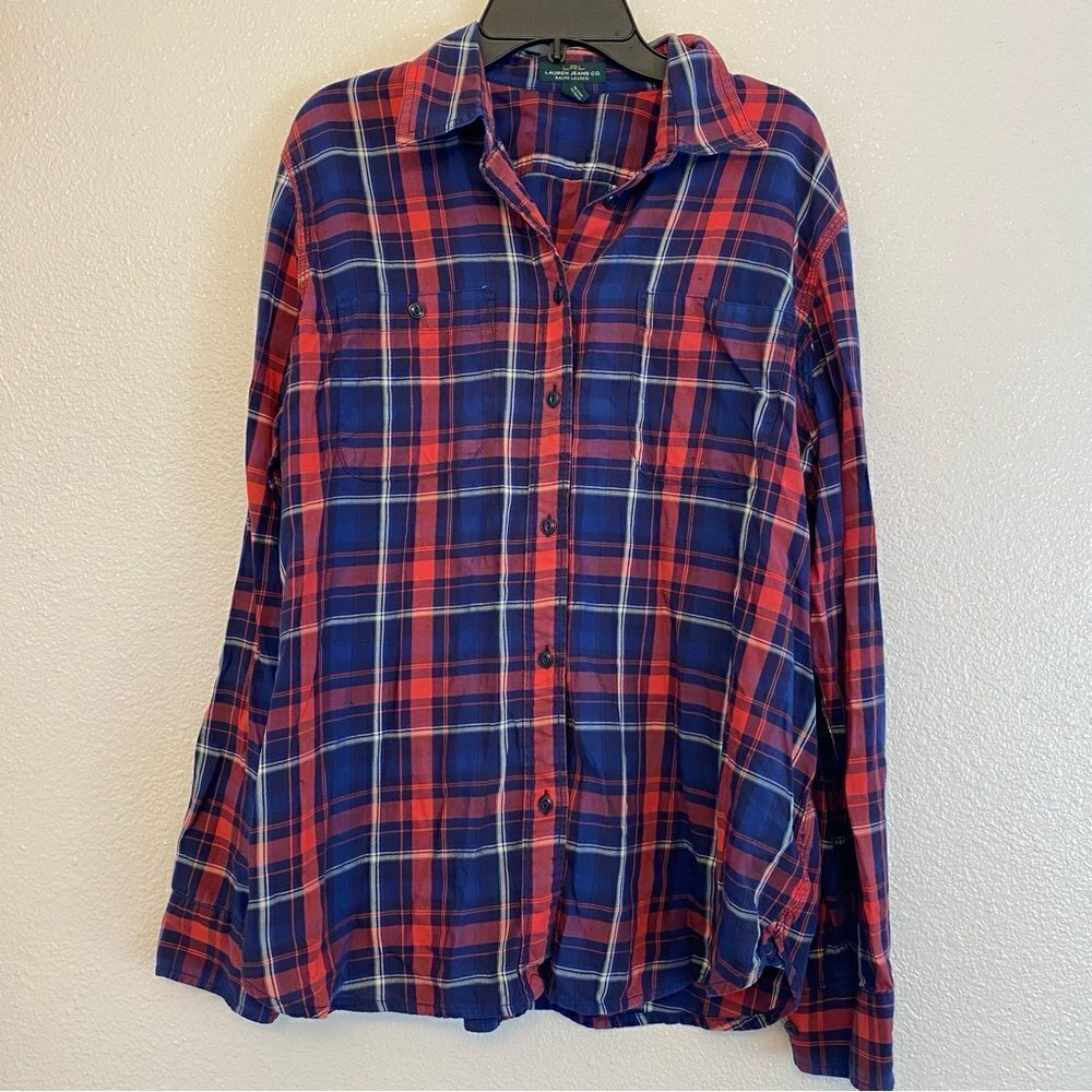 Lauren Jeans Co. Ralph Lauren red white Blue Striped Plaid Button Up Shirt-L